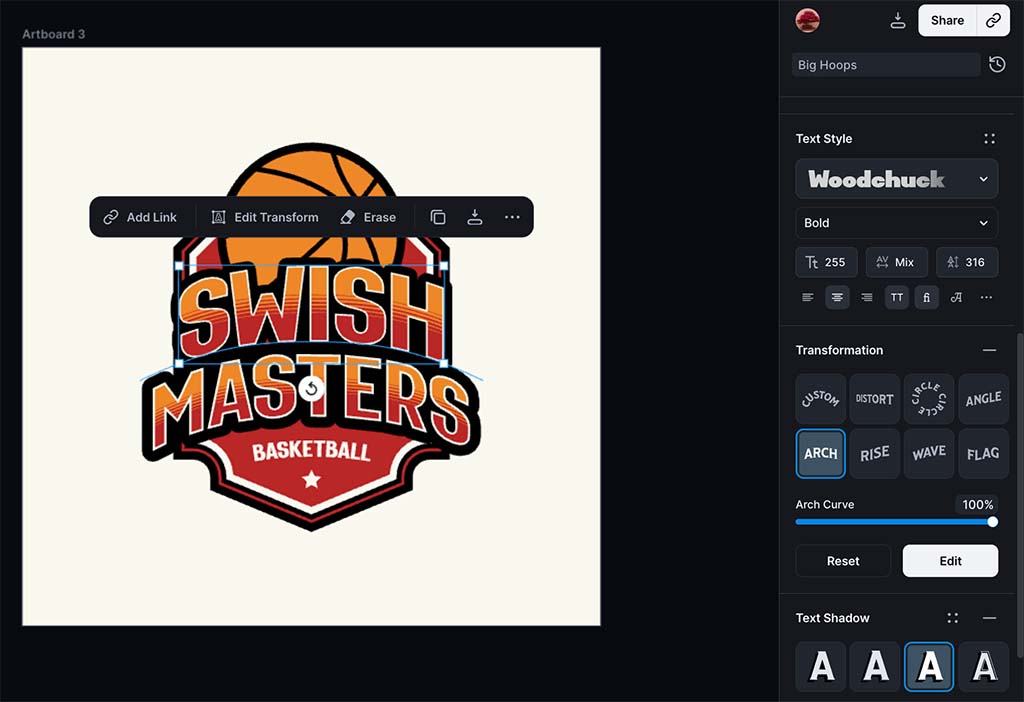 Adding multiple effects to a piece of text in Kittl