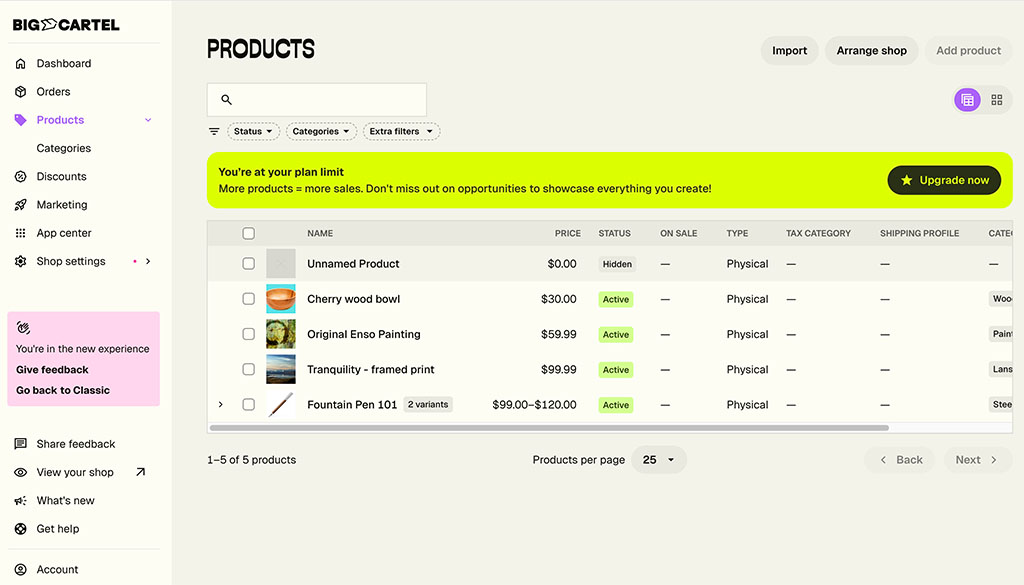 The Big Cartel content management system (CMS)