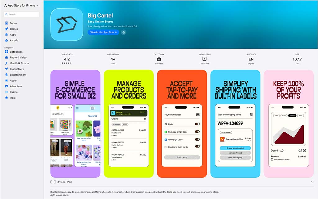 The Big Cartel mobile app on iOS.