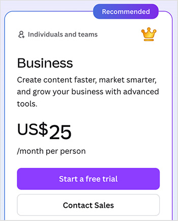'Canva Business' monthly pricing per person