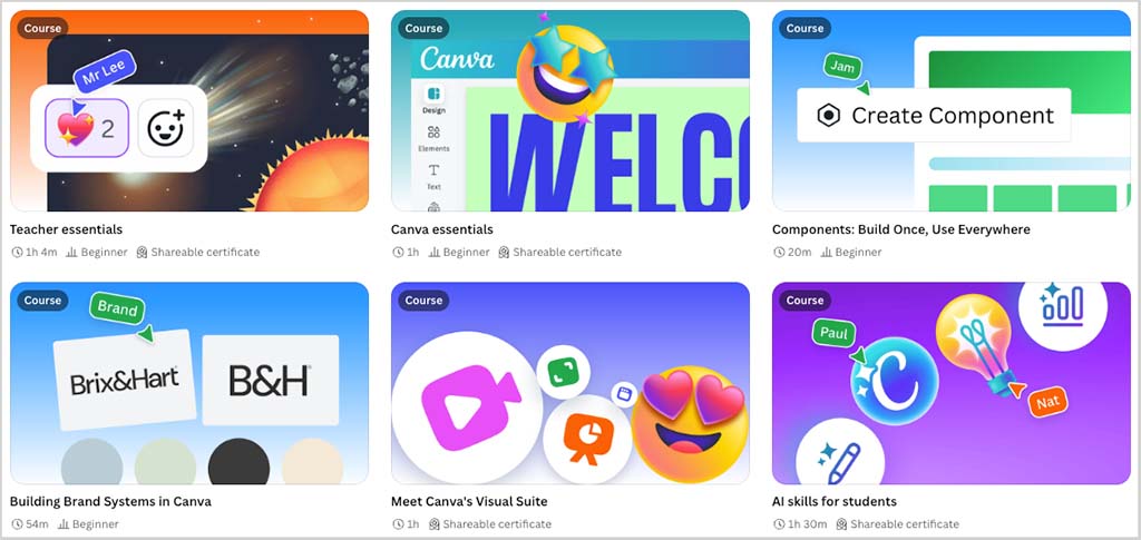 Some of the free design courses available in Canva.