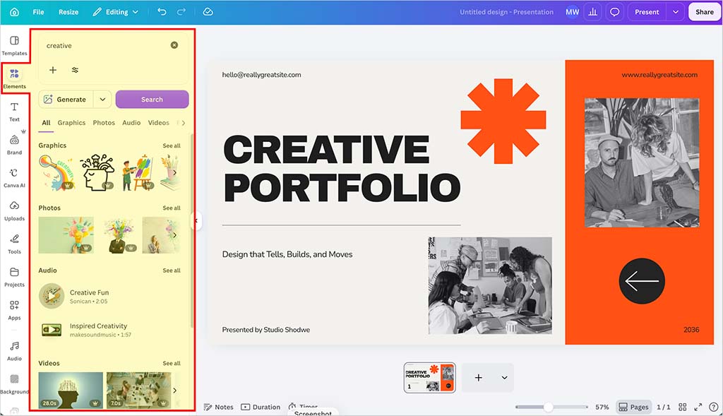 Canva's 'Elements' panel