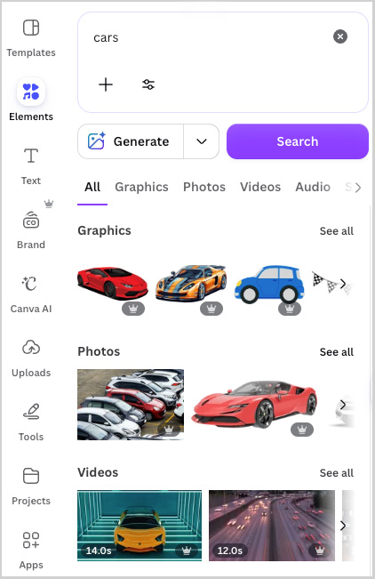 The 'elements' tab in Canva