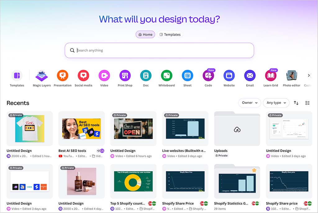 The home page of the Canva interface