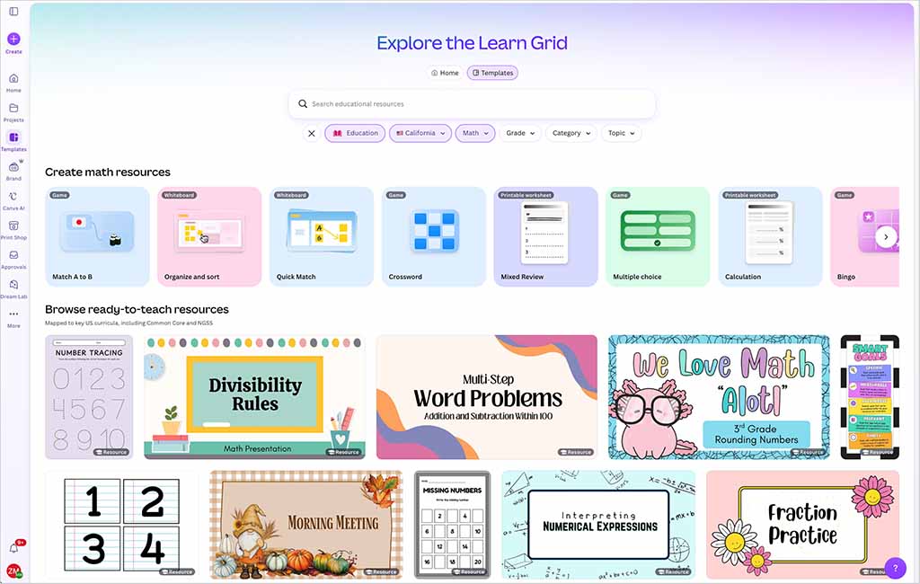 Browsing ready-to-teach math resources in Canva's Learn Grid
