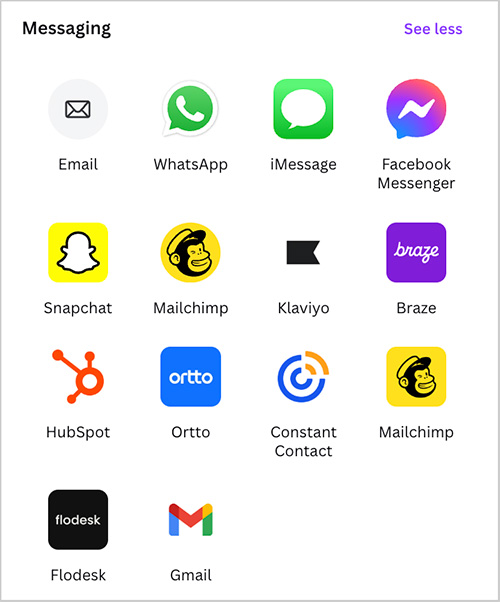 Some of the available options in Canva for sharing your designs via popular messaging services