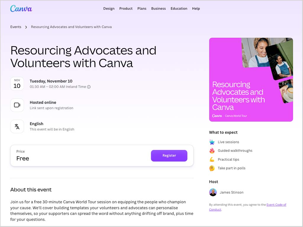 Canva Nonprofits webinar listing.