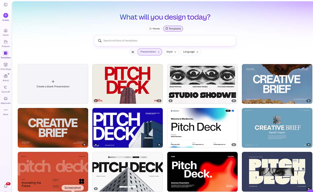 Some of Canva's customizable presentation templates.