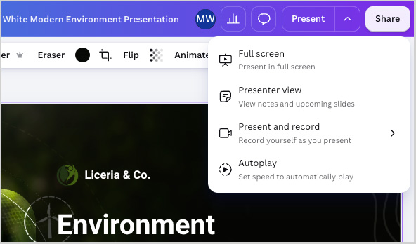 Presentation options in Canva