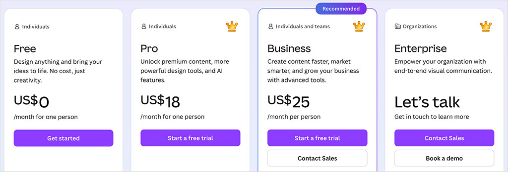 Canva pricing plans