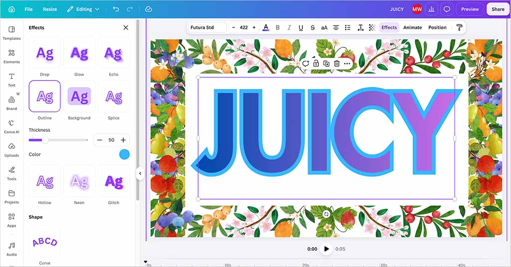 Applying text effects in Canva