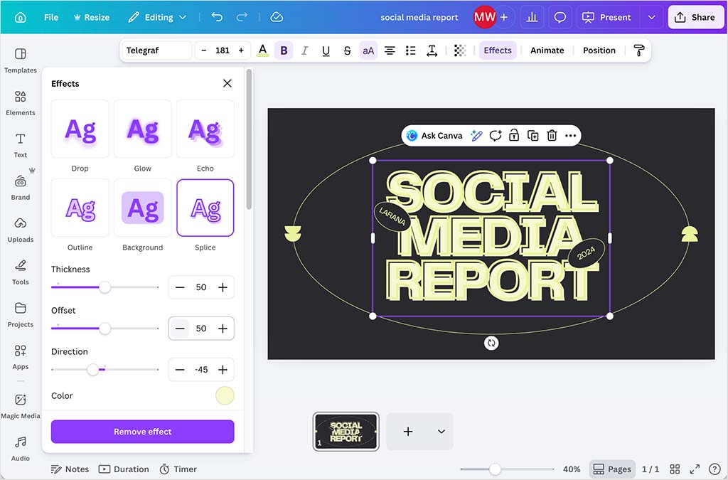 Applying text effects in Canva