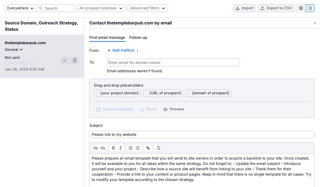 Link building outreach using Semrush