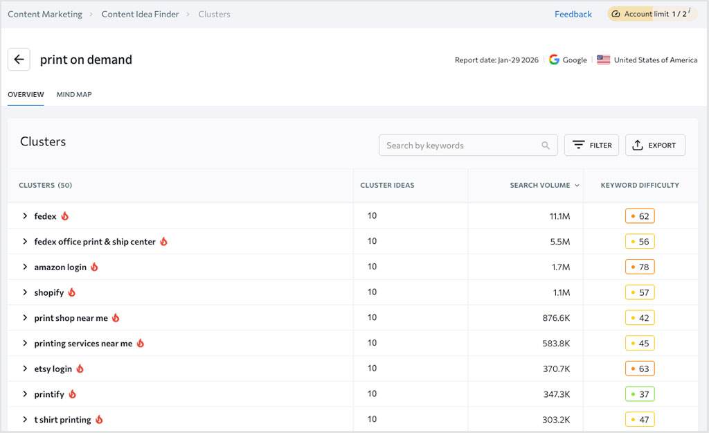 Generating content clusters in SE Ranking