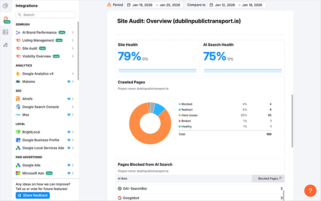Customizing a site audit report in Semrush