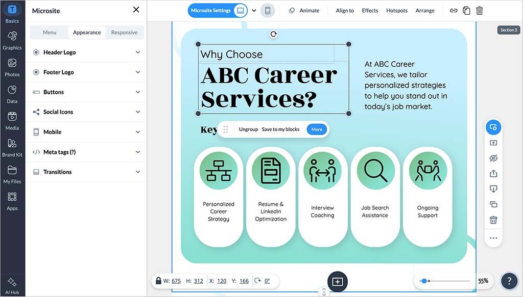 Using Visme's 'Microsite' feature to create a simple website