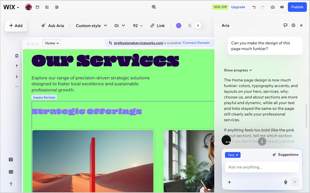 Using Wix's Ai tools to design a web page