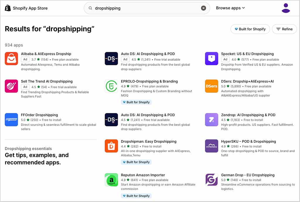 Dropshipping apps in the Shopify app store