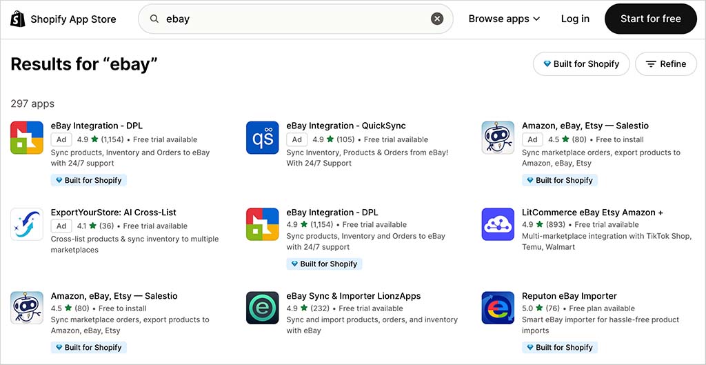eBay-related apps in the Shopify app store.