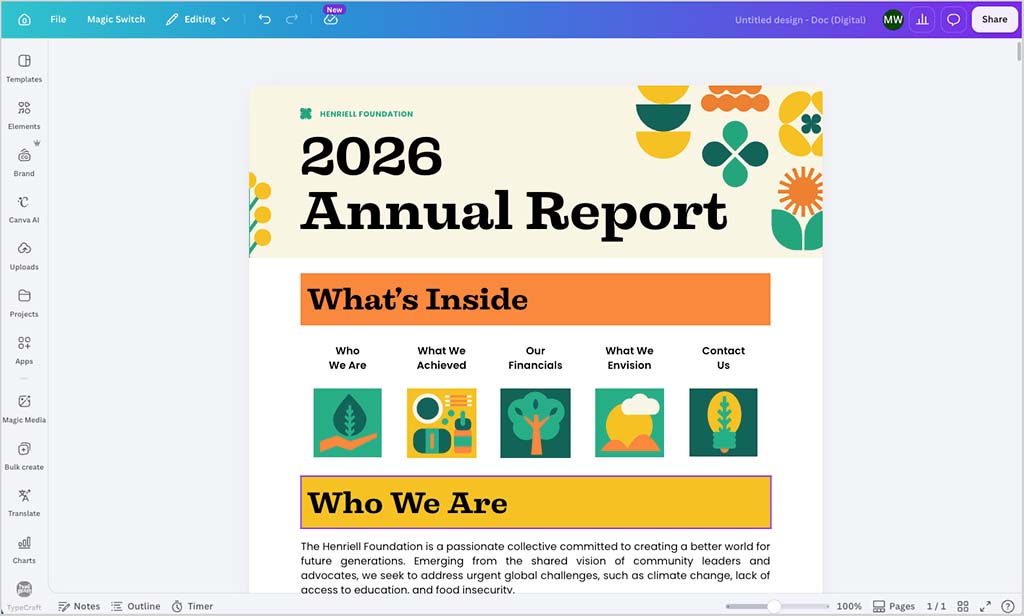Editing a document with 'Canva Docs'.