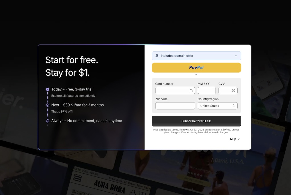 Activating your $1 for 3 months Shopify trial by entering card details