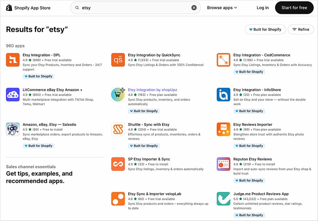 Etsy apps in the Shopify app store