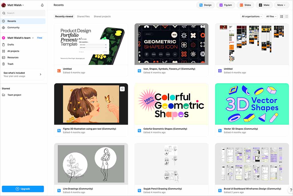 The Figma account dashboard