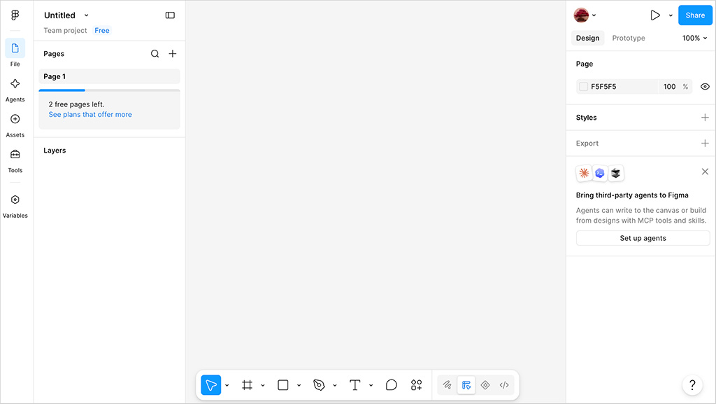 Figma's interface when you use it without selecting a template