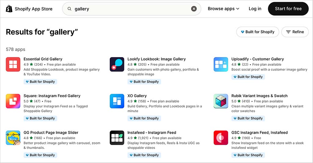 Some of the gallery apps available for Shopify