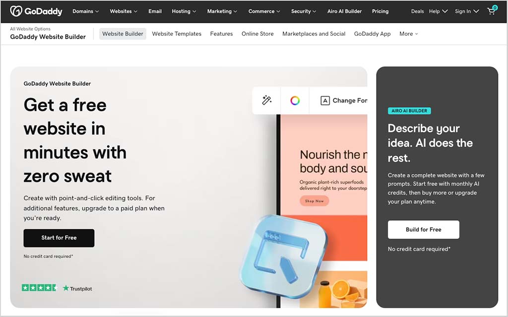 GoDaddy Websites web page.