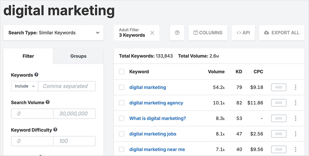 Keyword suggestions in SpyFu