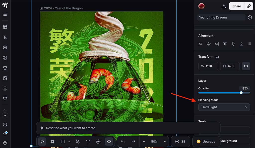 Applying blend modes to an image in Kittl.