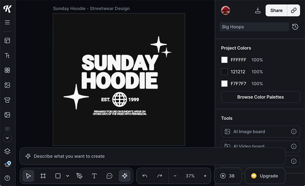 Kittl's design interface with ;dark mode' applied