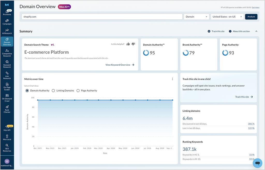 Moz's 'Domain Overview' feature