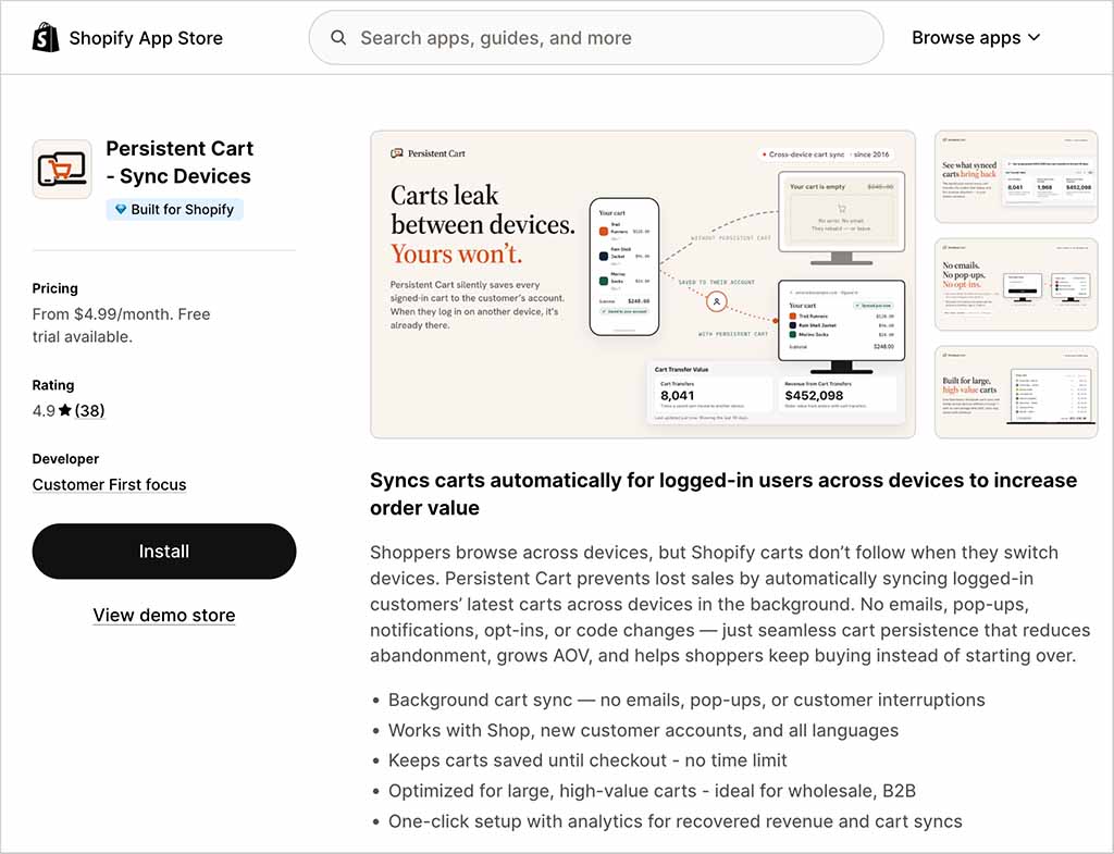 A third-party app for creating a persistent cart in Shopify