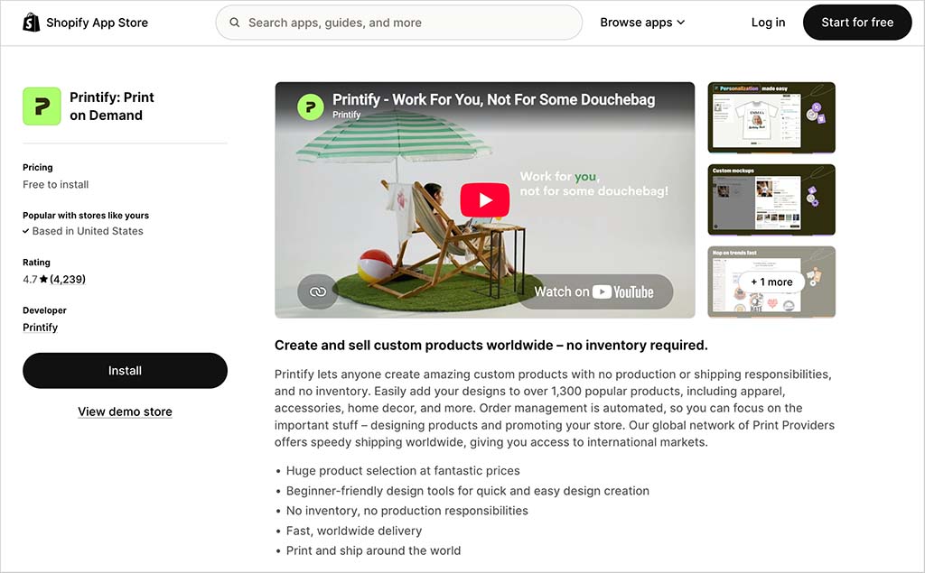 Printify's official app in the Shopify app store