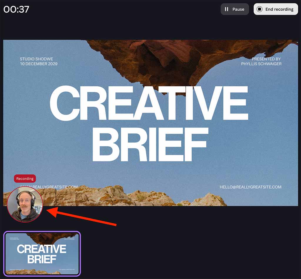 Recording a presentation in Canva — you can add a video of yourself as you do so