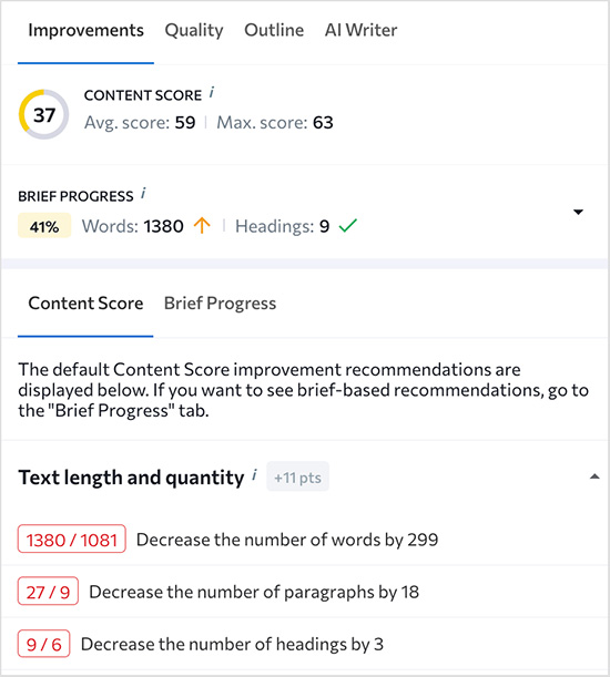 Content improvement suggestions in SE Ranking
