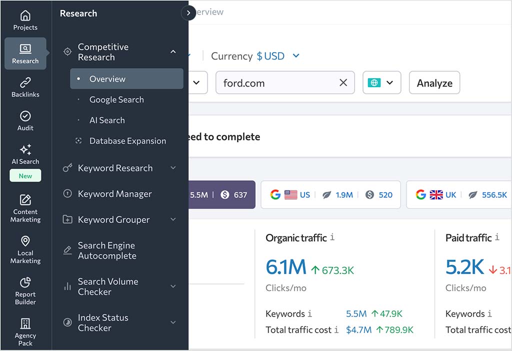 The SE Ranking navigation system