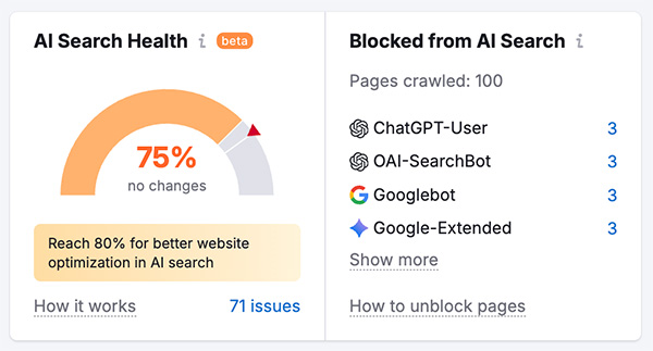 An 'AI Search Health' score in Semrush's site audit tool