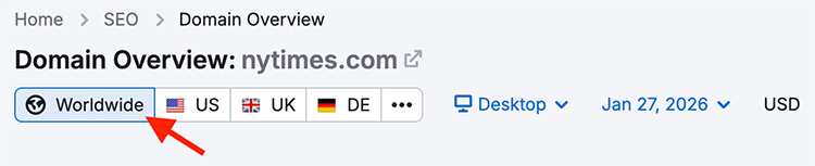 Viewing worldwide domain data in Semrush