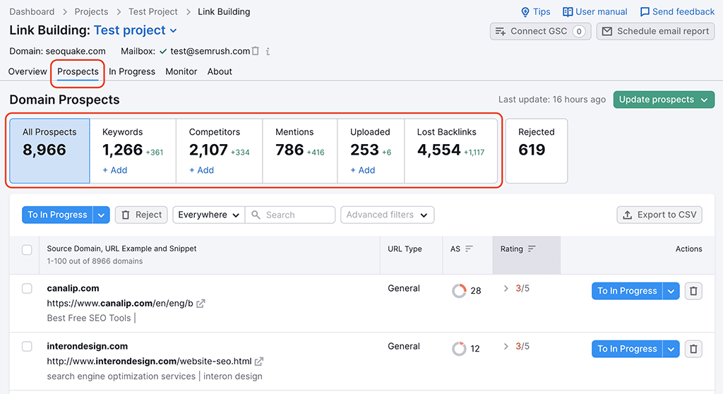 'Domain prospects' in Semrush