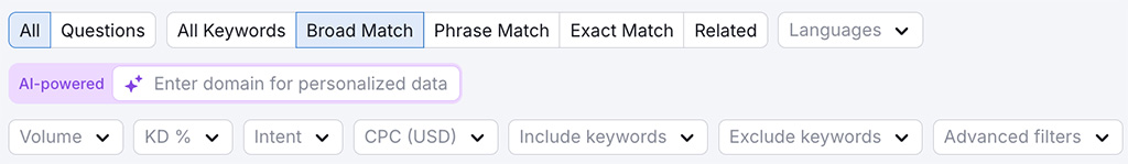 Semrush keyword research filters