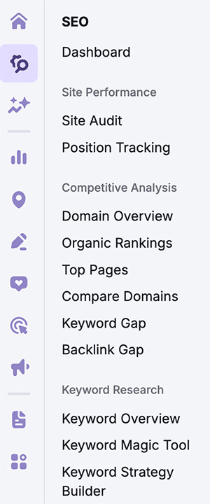 The Semrush navigation system