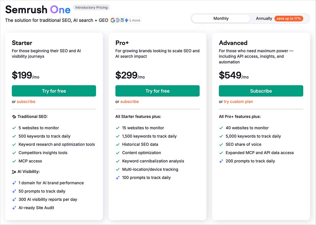 Semrush One pricing plans