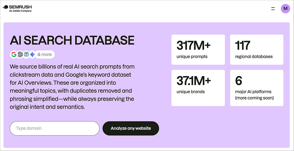 Semrush AI search database statistics