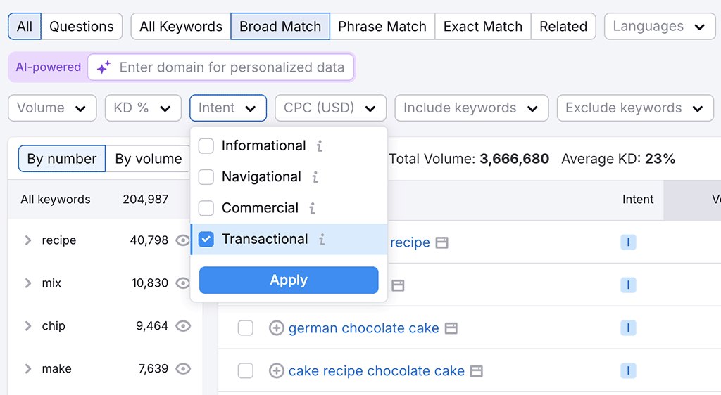 Filtering by search intent