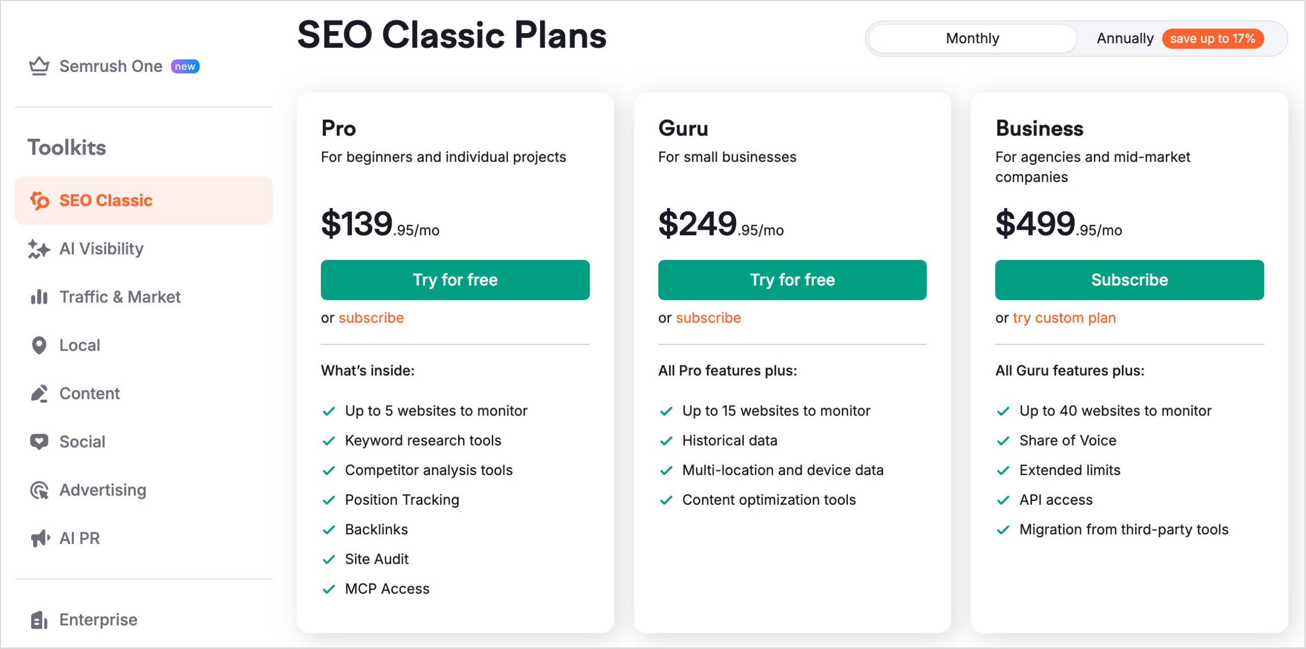 Pricing plans for Semrush's 'SEO Classic' toolkit