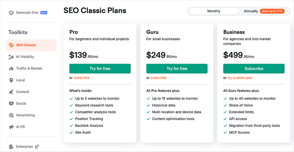 Pricing plans for Semrush's 'SEO Classic' toolkit