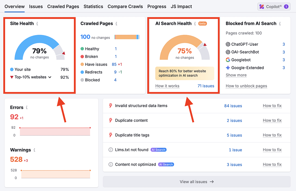 Carrying out a site audit in Semrush